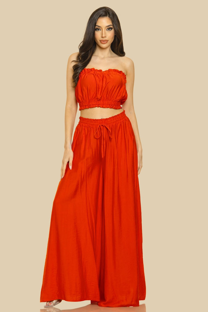 SHIRRED TUBE TOP WITH MATCHING PALAZZO PANTS SET