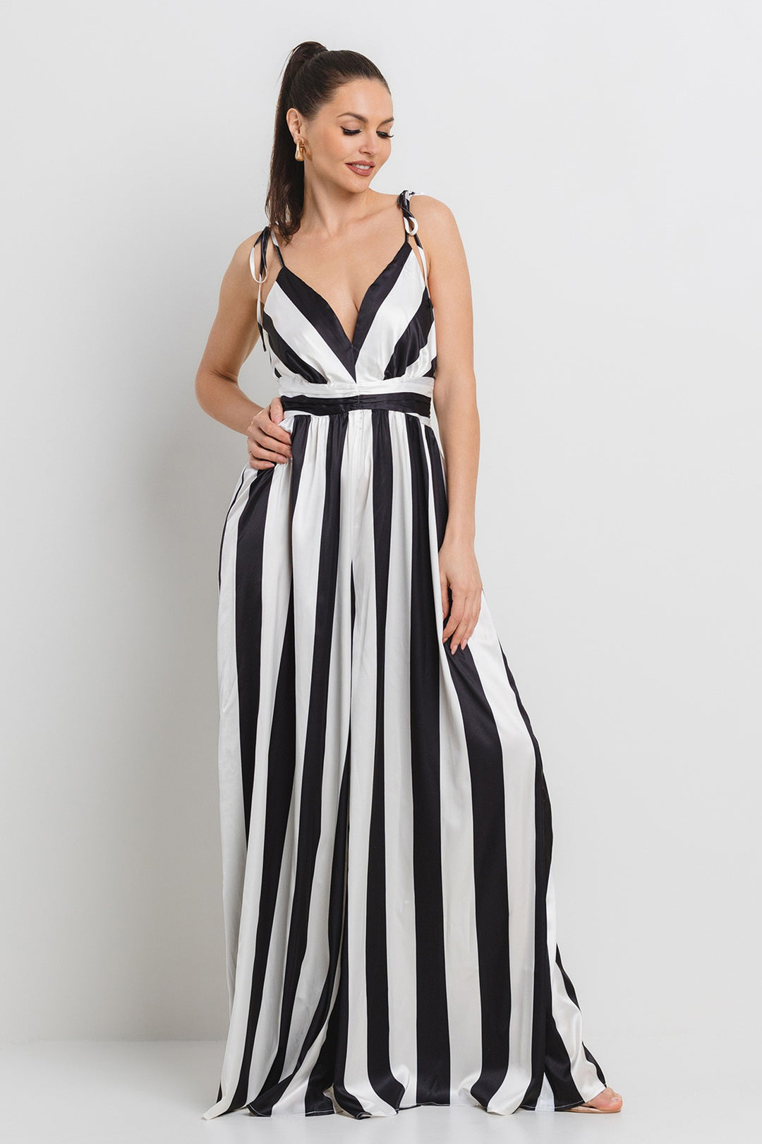 SATIN WIDE EVEN STRIPE WIDE LEG JUMPSUIT