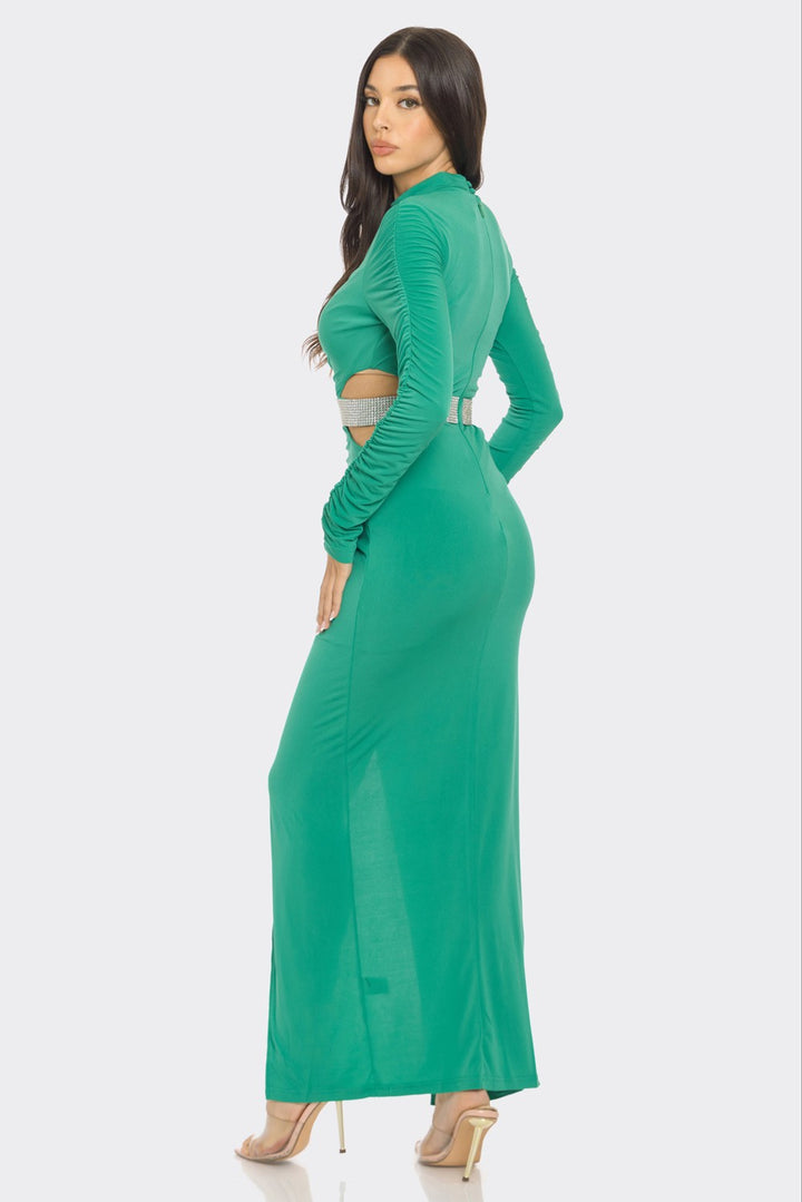 CENTER SLIT LONG SLEEVE SLIM LONG DRESS