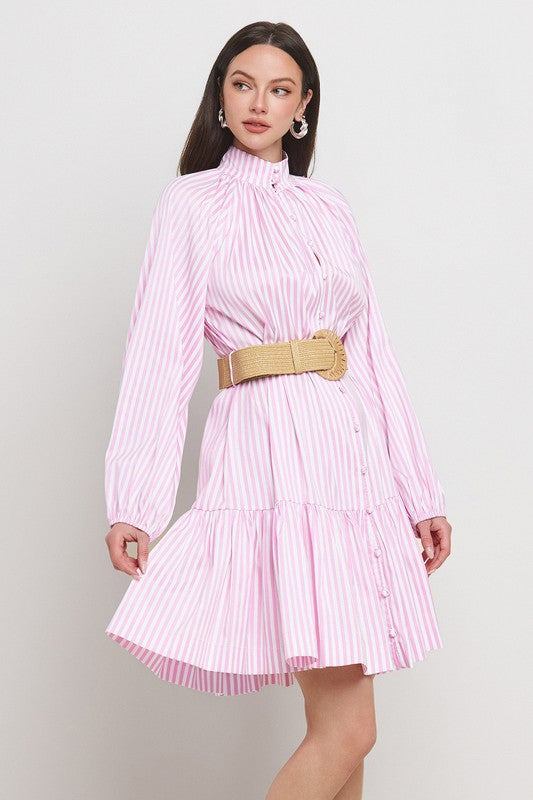 STRIPE BAND COLLAR BALLOON SLEEVE TIERED SKIRT DRESS