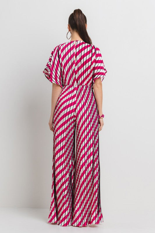 V-NECK DROP SHOULDER W/ O-RING ATTACHED PLEATED JUMPSUIT