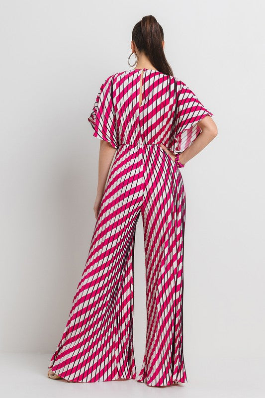 V-NECK DROP SHOULDER W/ O-RING ATTACHED PLEATED JUMPSUIT