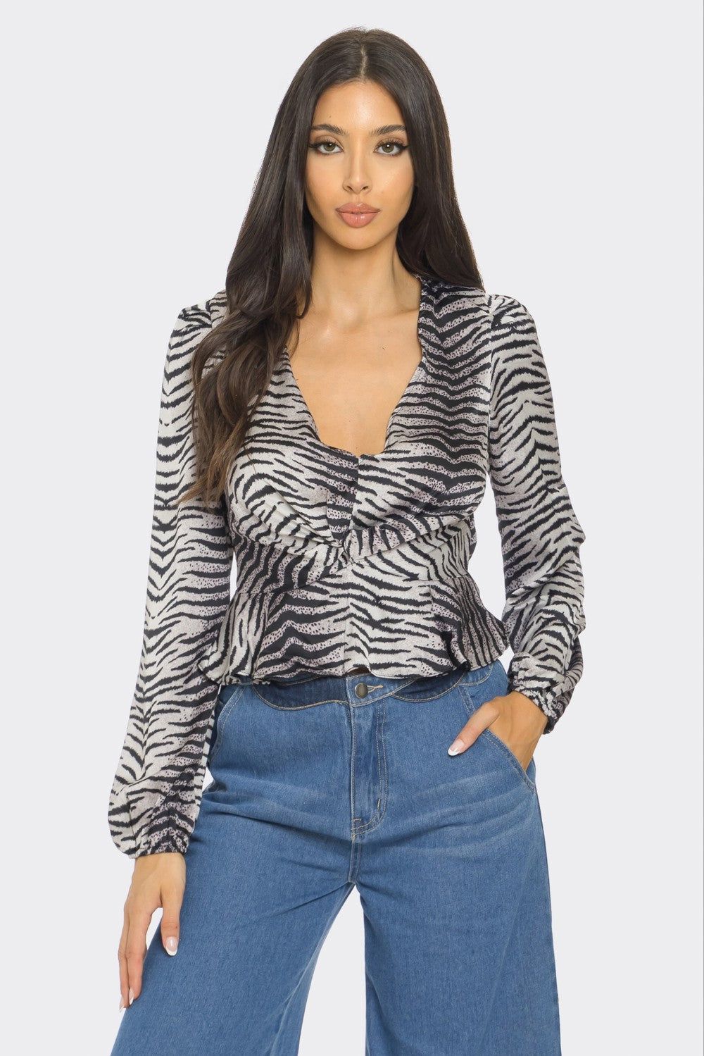 ZEBRA PRINT V-NECK LONG SLEEVE TOP