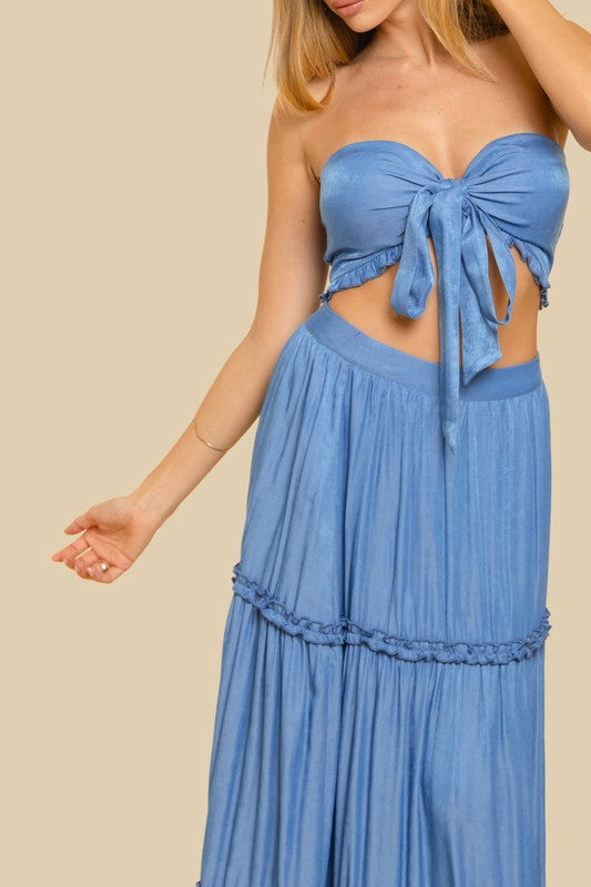 SWEET HEART NECKLINE CROP TOP W/ MATCHING TIERED MAXI SKIRT