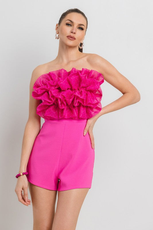 HOT FIX ATTACHED ORGANZA RUFFLE FRONT NIGHT OUT ROMPER