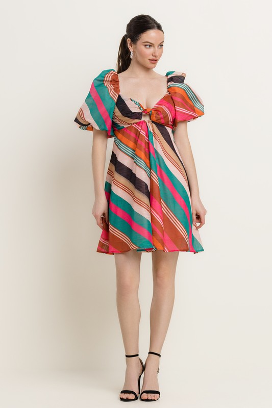 MULTI COLOR UNEVEN STRIPE SHORT SLV FIT & FLARE DRESS