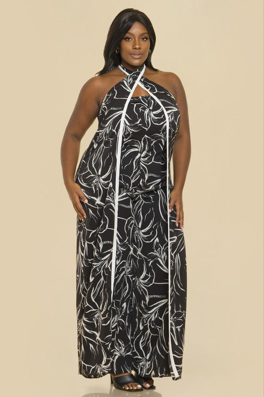 PLUS, PRINT W/ CONTRAST BINDING HALTER NECK WIDE LEG JUMPSUIT