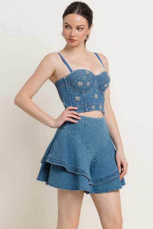 STAR RHINESTONE DETAIL DENIM BUSTIER