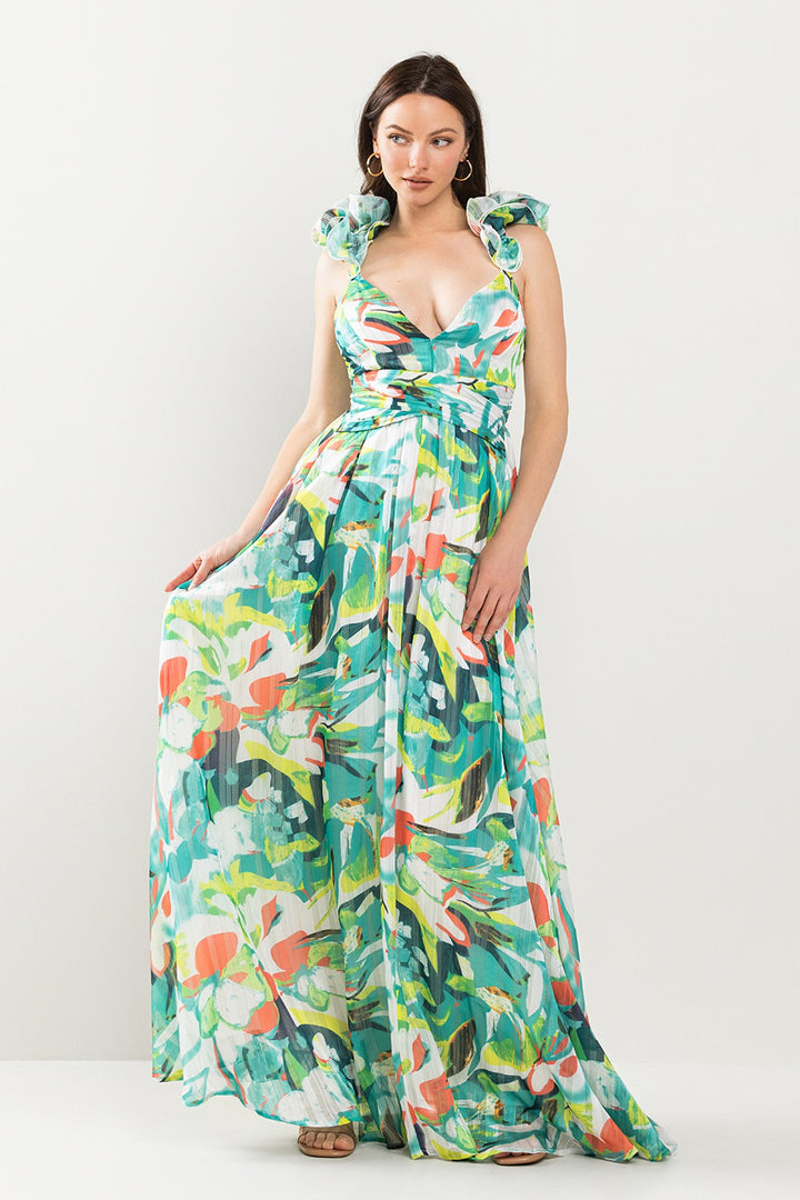 RUFFLED SHOULDER MAXI DRESS