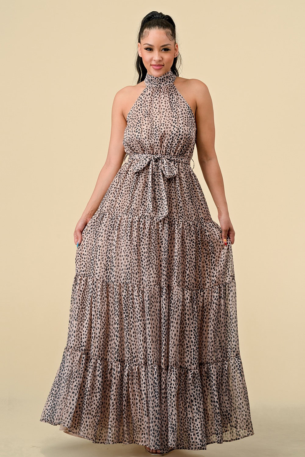 HALTER NECK ANIMAL PRINT TIERED MAXI DRESS