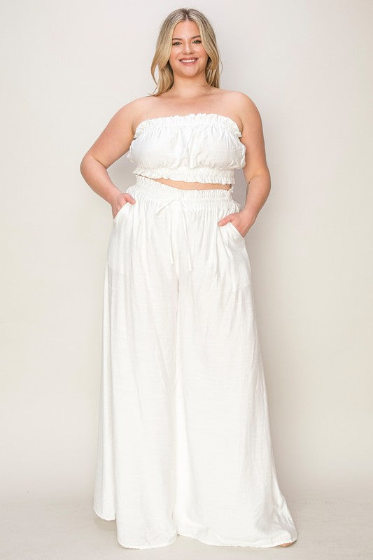 PLUS SHIRRED TUBE TOP WITH MATCHING PALAZZO PANTS