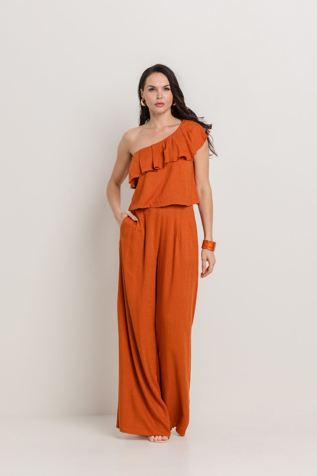 LINEN ONE SHOULDER RUFFLE DETAIL PANTS SETS