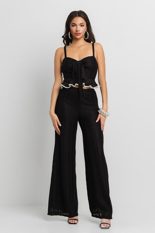 FRONT TIE RUFFLE ATTACHED CROP TOP AND WIDE LEG PANTS