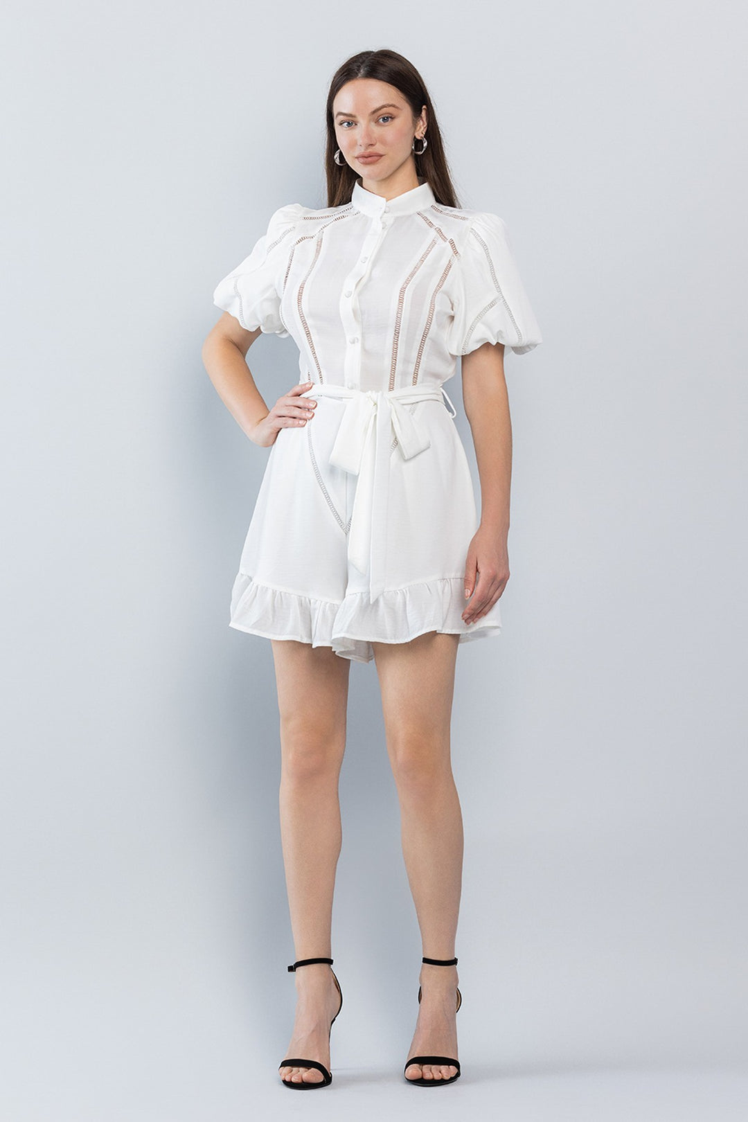 PUFF SLEEVE EYELET DETAIL ROMPER