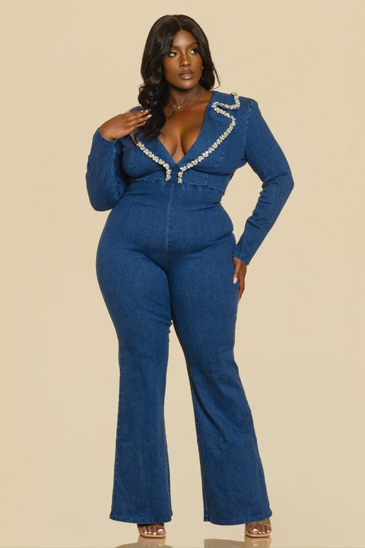 PLUS, NITE OUT EMBELLISHED NOTCHED COLLAR LONG SLV STRETCH DENIM JUMPSUIT