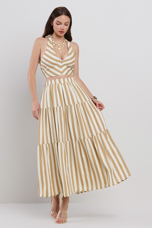 EVEN STRIPE HALTER NECK PLUNGE NECKLINE CROP TOP W/ MATCHING TIERED SKIRT SET