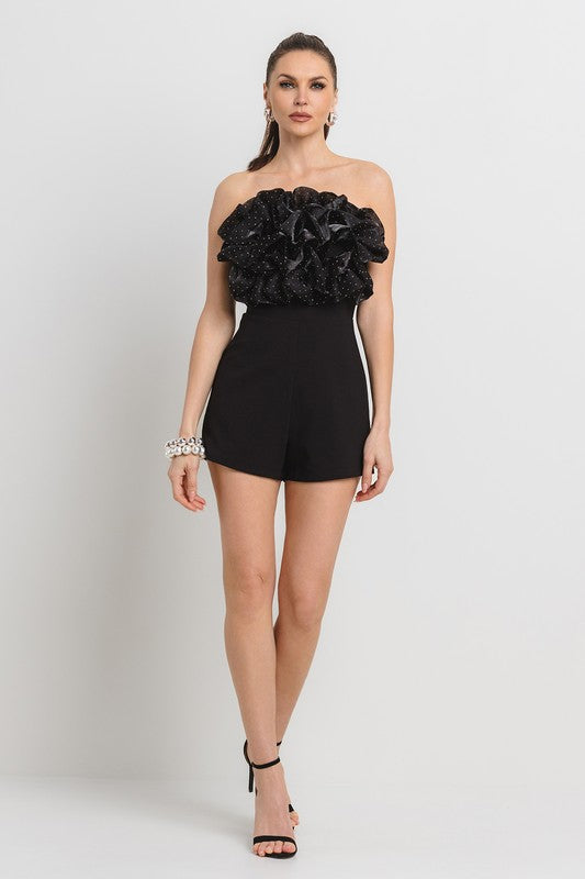 HOT FIX ATTACHED ORGANZA RUFFLE FRONT NIGHT OUT ROMPER