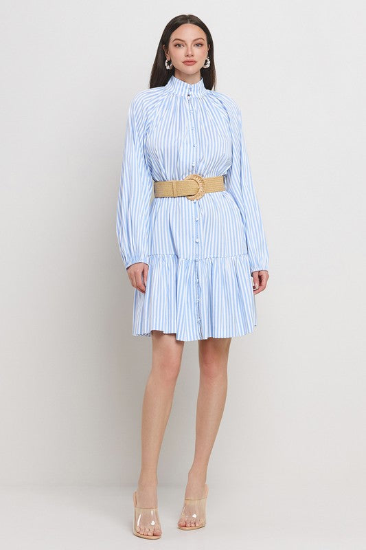 STRIPE BAND COLLAR BALLOON SLEEVE TIERED SKIRT DRESS