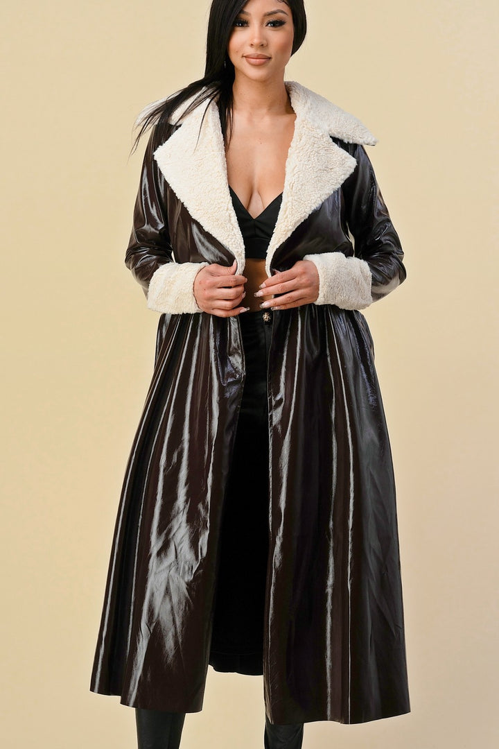 LONG GLOSSY FAUX LEATHER COAT