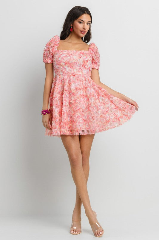 3D FLOWER PUFF SLEEVE MINI DRESS