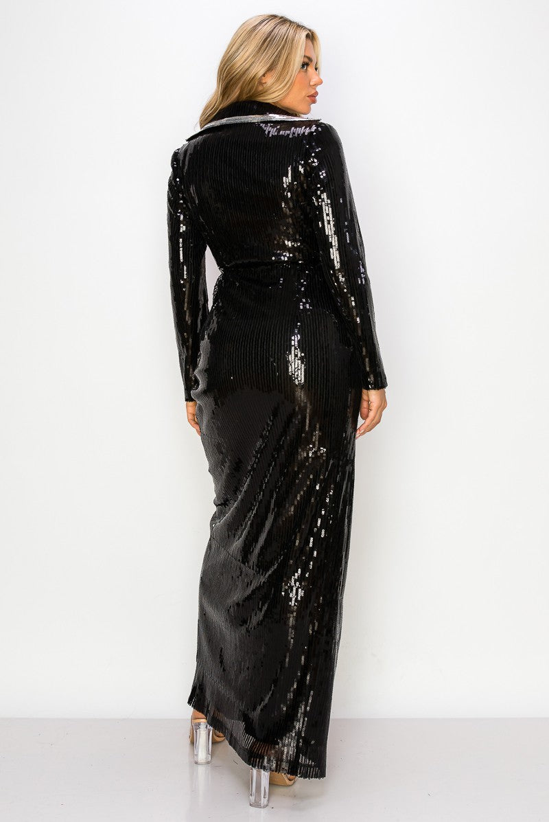 SEQUINS LONG SLEEVE V NECK DRESS JACKET