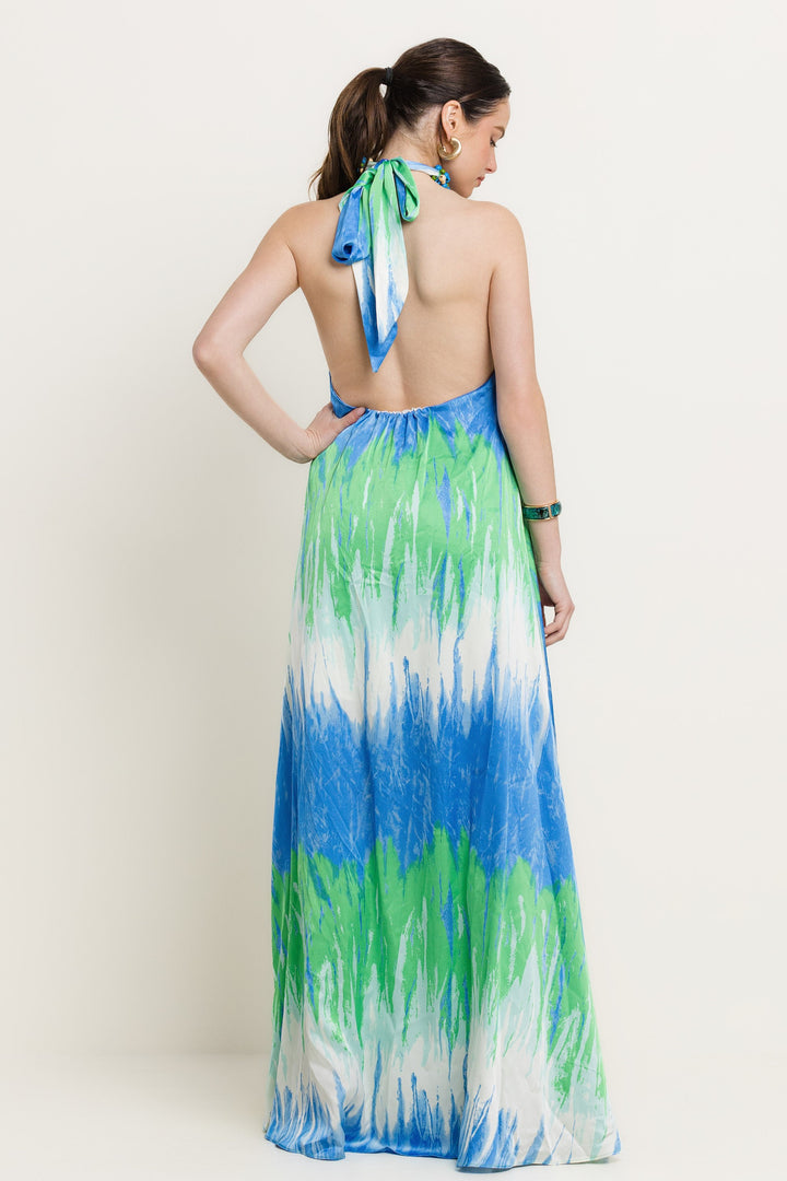 BEADED HALTER ASSYMATRICAL DRESS