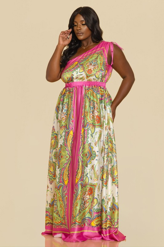 SATIN BORDER PRINT ONE SHOULDER MAXI DRESS PLUS