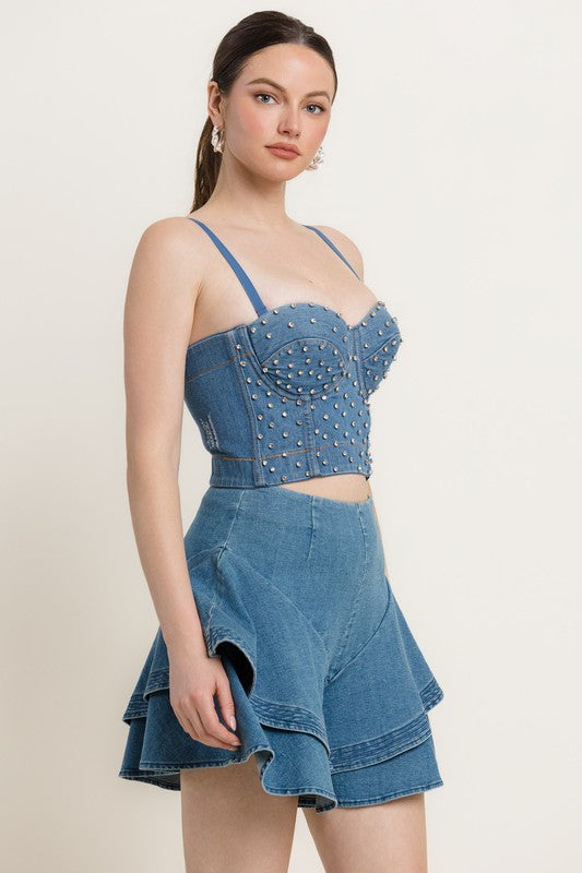 RHINESTONE DETAILS DENIM BUSTIER