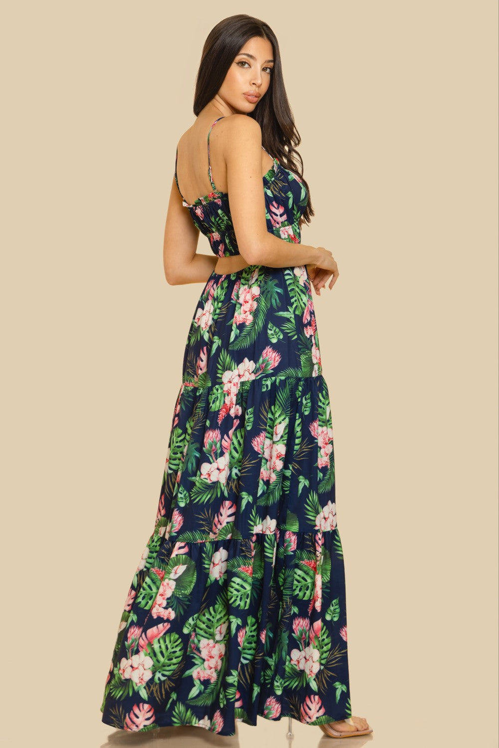 ELASTIC NECKLINE W BACK WAIST CUT-OUT TIERED MAXI