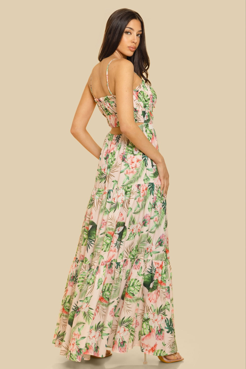 ELASTIC NECKLINE W BACK WAIST CUT-OUT TIERED MAXI