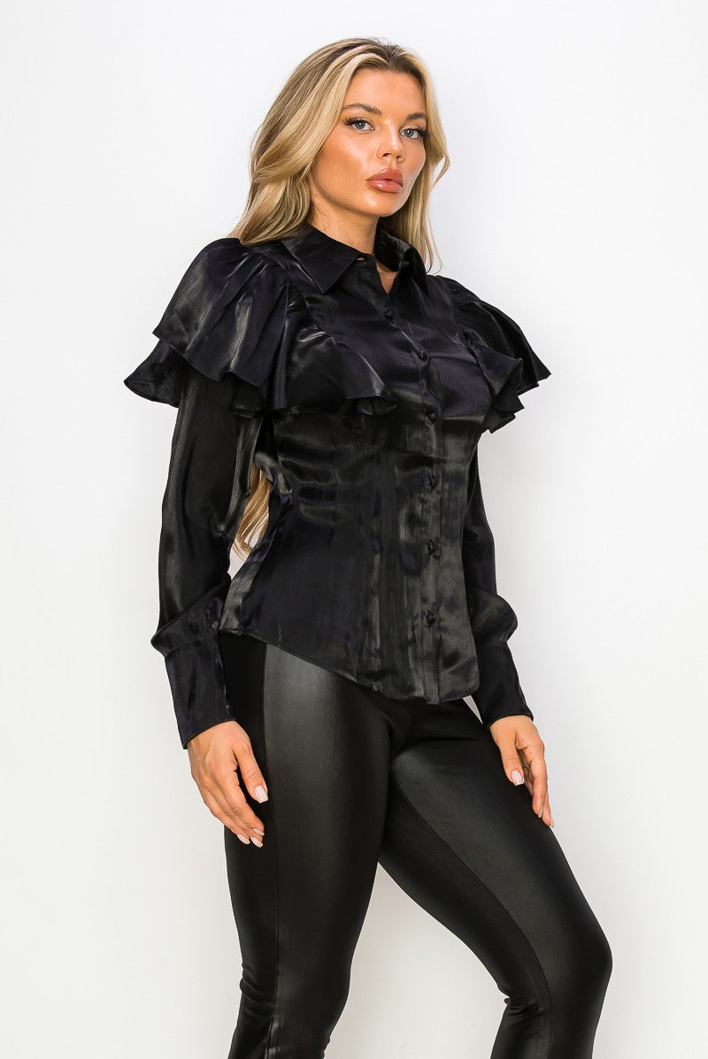 SHOULDER RUFFLES LONG SLEEVE BLOUSE