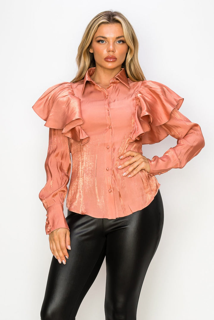 SHOULDER RUFFLES LONG SLEEVE BLOUSE