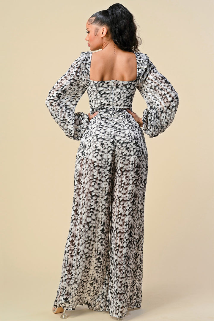 TIE BUST ANIMAL PRINT SLIT JUMPSUIT