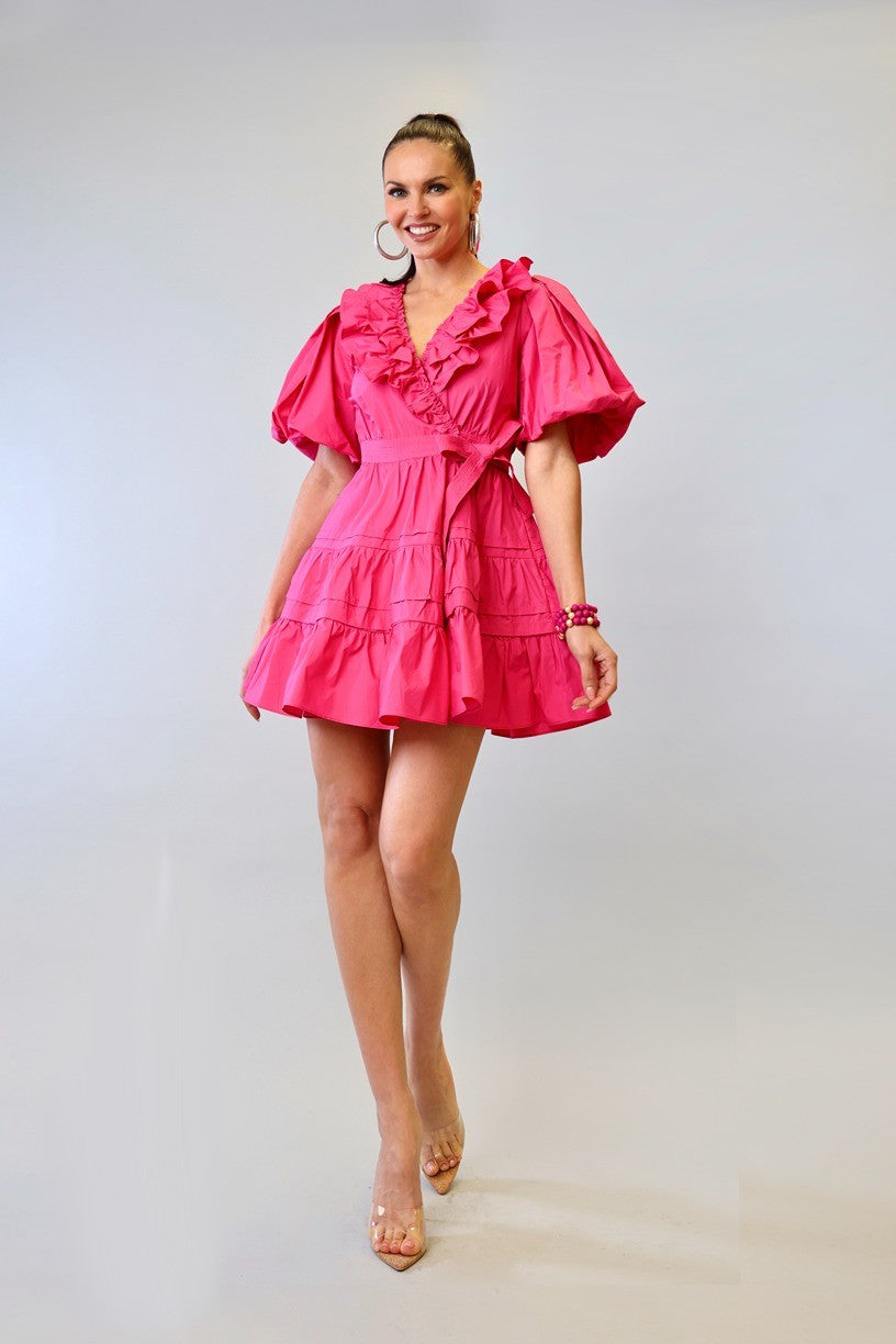 LANTERN SLV SURPLICE RUFFLE FRONT W TIE TIERED DRESS