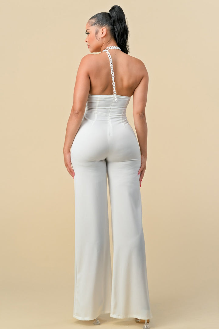 HALTERNECK FRONT RIBBON DETAIL CHAIN TRIM JUMPSUIT