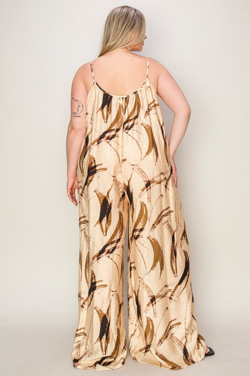 PRINTED SLEEVELESS WIDE LEG  JUMPSUIT PLUS