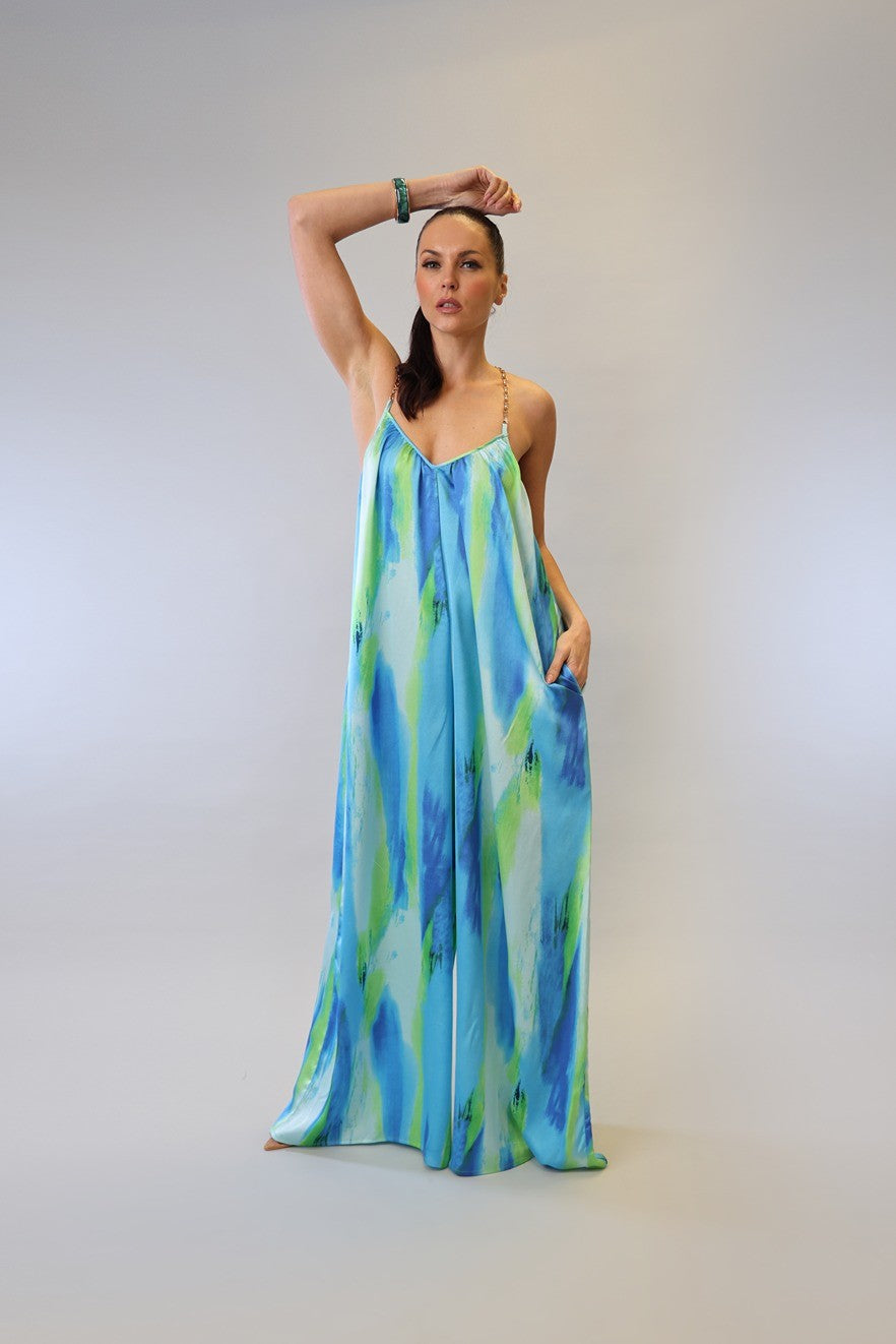 CHAINED HALTER PRINTED JUMPSUIT