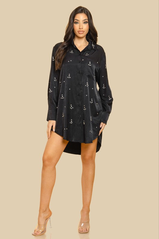 BUTTON FRONT LONG SLEEVE SHIRT DRESS W EMBELLISHME