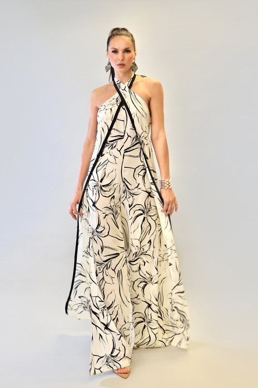 PRINT W CONTRAST BINDING HALTER NECK WIDE LEG JUMP