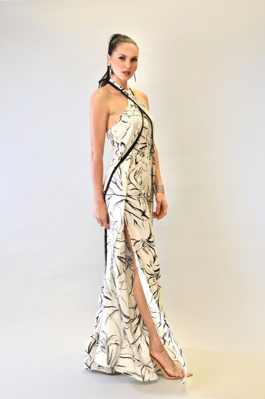 PRINT W CONTRAST BINDING HALTER NECK WIDE LEG JUMP