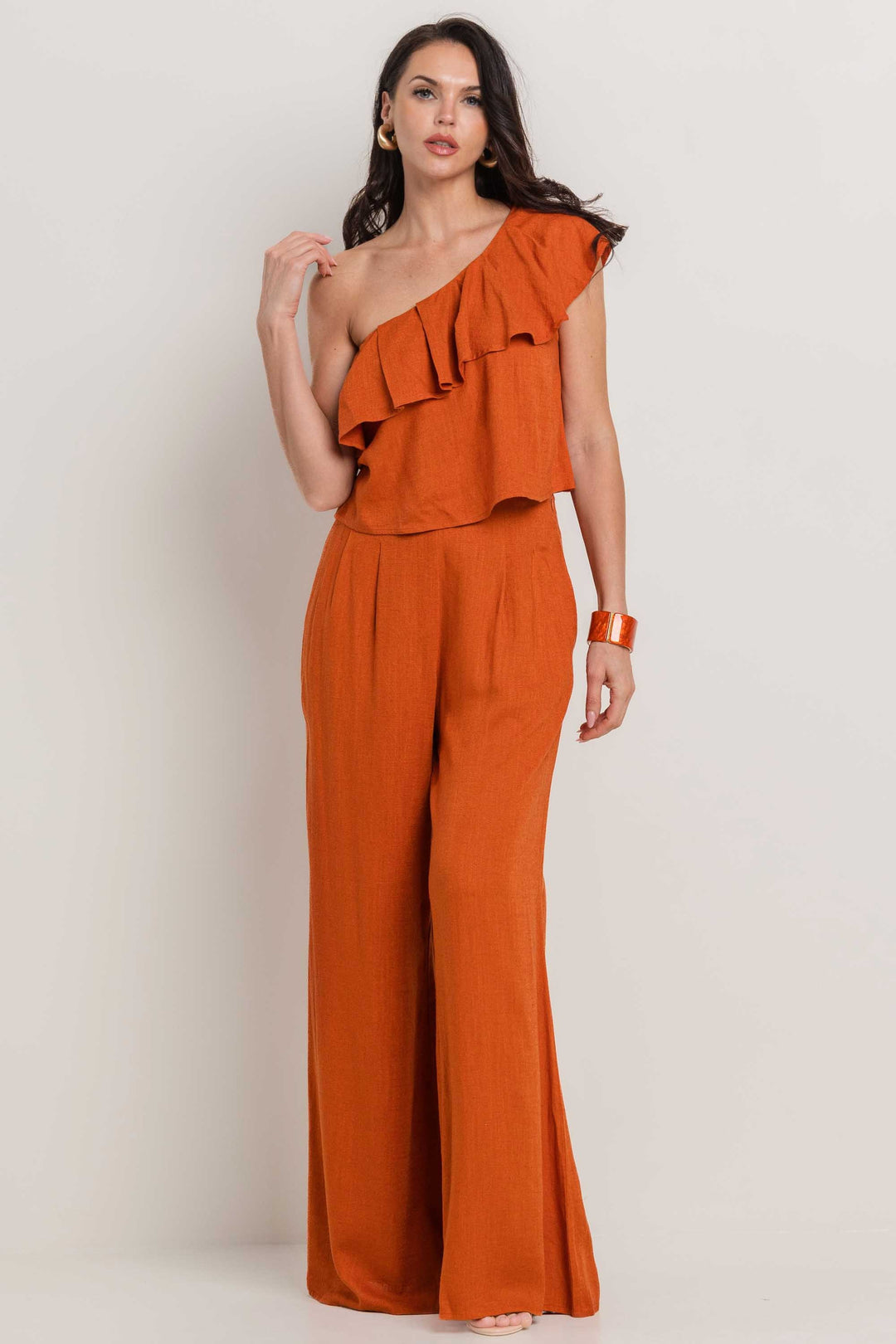 LINEN ONE SHOULDER RUFFLE DETAIL PANTS SETS