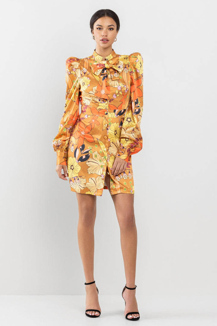 UFF LONG SLEEVE PRINTED SATIN DRESS