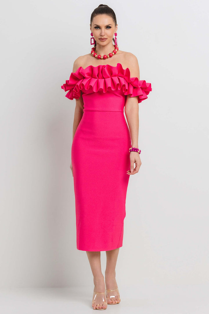 PLEATED RUFFLE OFF SHOULDER BANDAGE MIDI DRESS