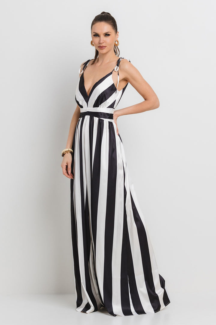 SATIN WIDE EVEN STRIPE WIDE LEG JUMPSUIT