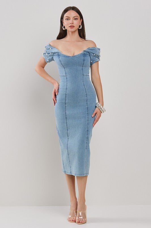 OFF-SHOULDER PLEATED PUFF SLV W/ PEARL EMBELLISHMENT FITED MIDI DENIM DRESS