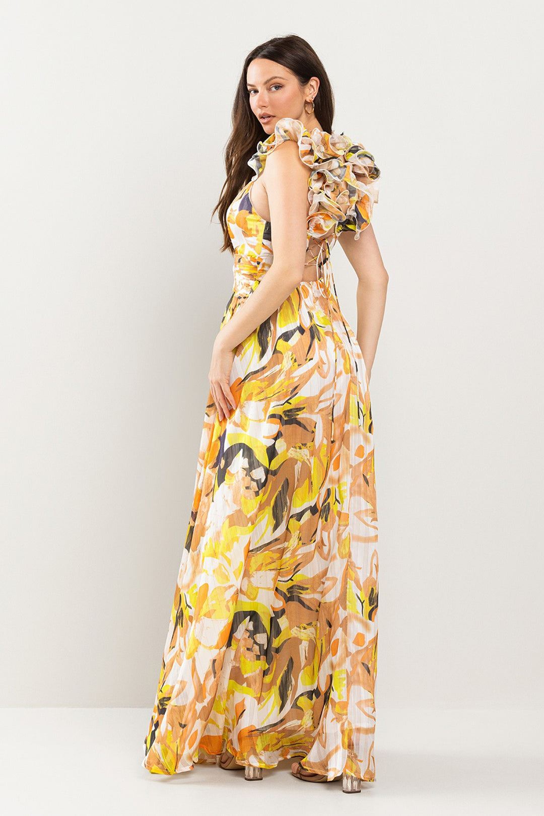 RUFFLED SHOULDER MAXI DRESS