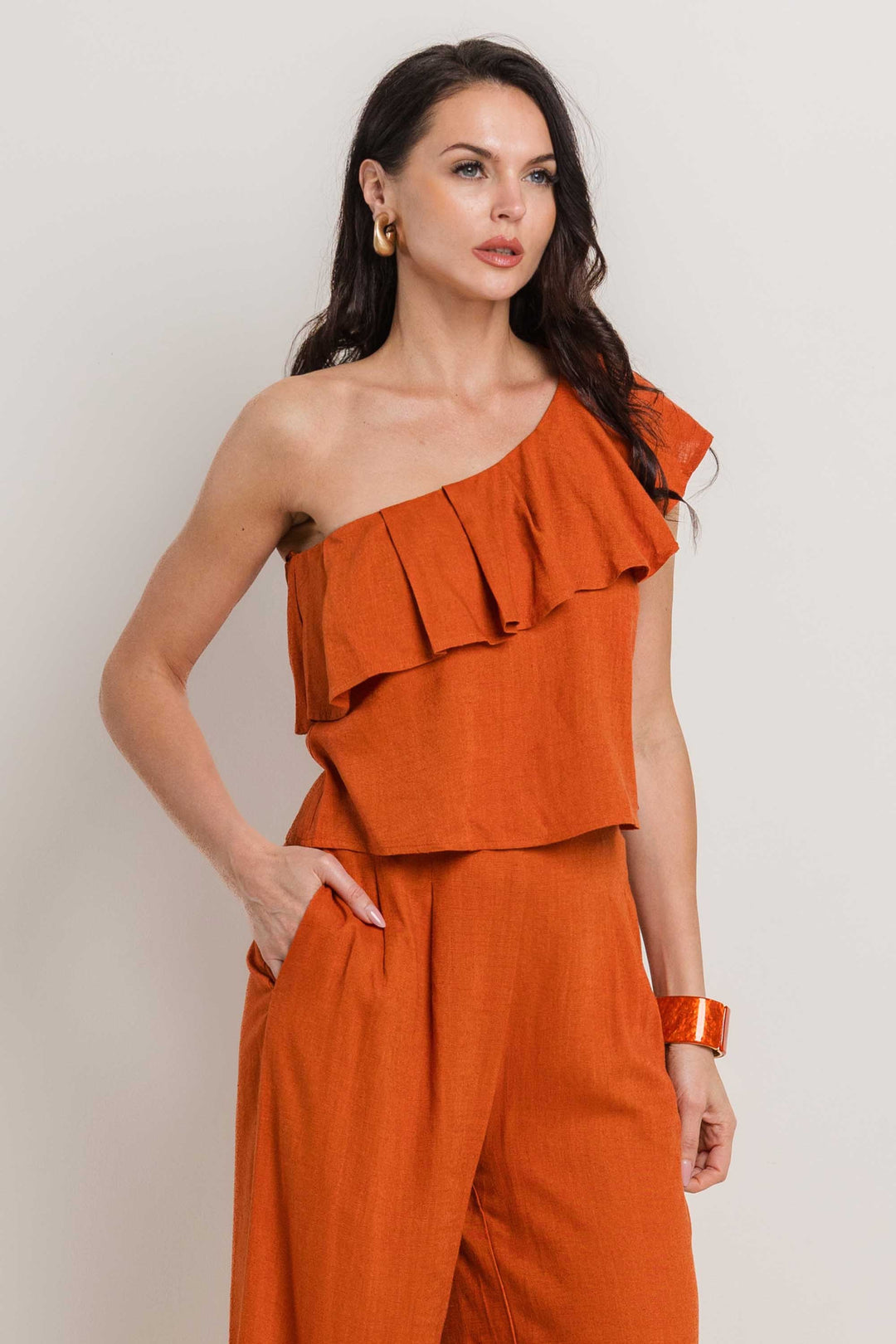 LINEN ONE SHOULDER RUFFLE DETAIL PANTS SETS