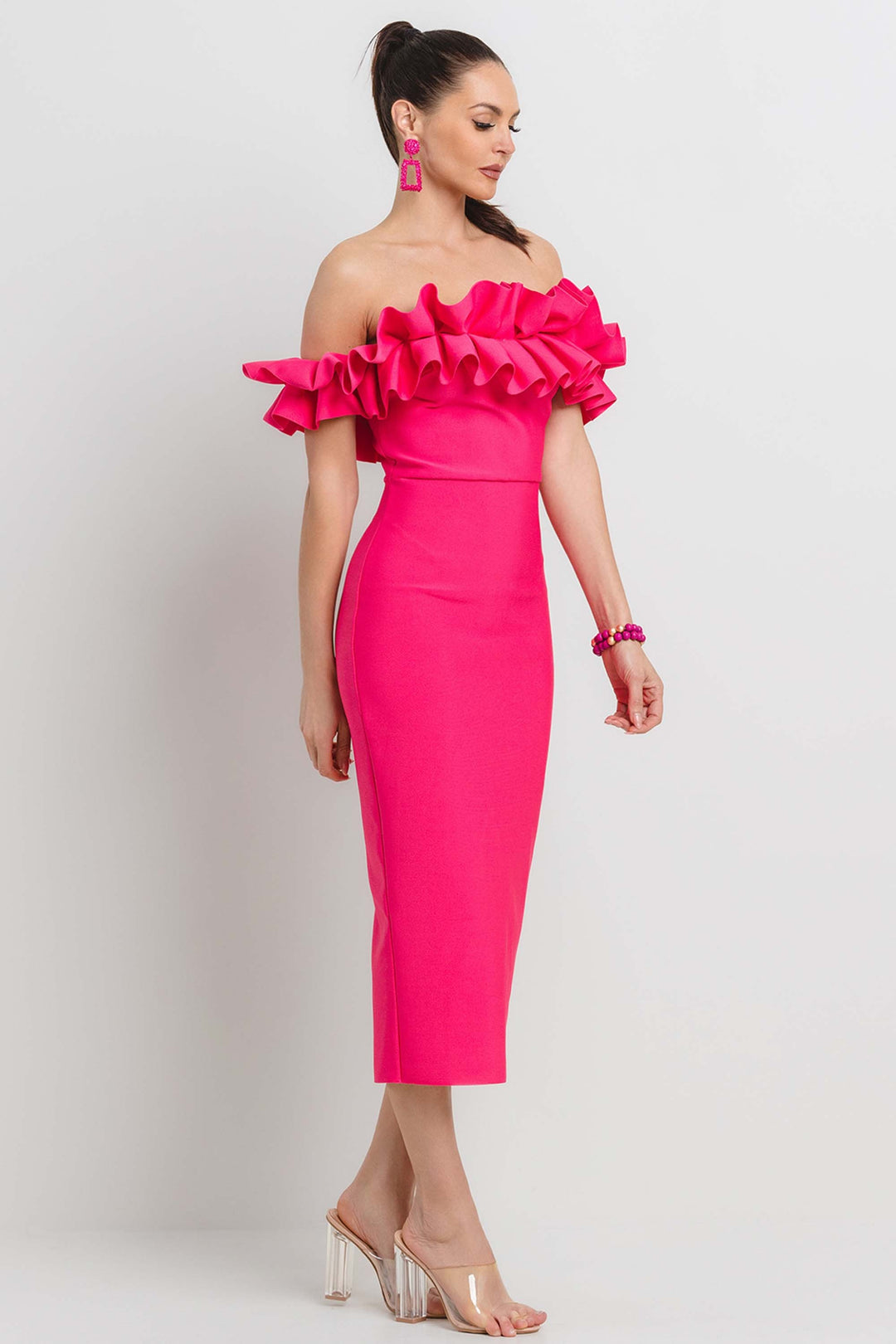 PLEATED RUFFLE OFF SHOULDER BANDAGE MIDI DRESS