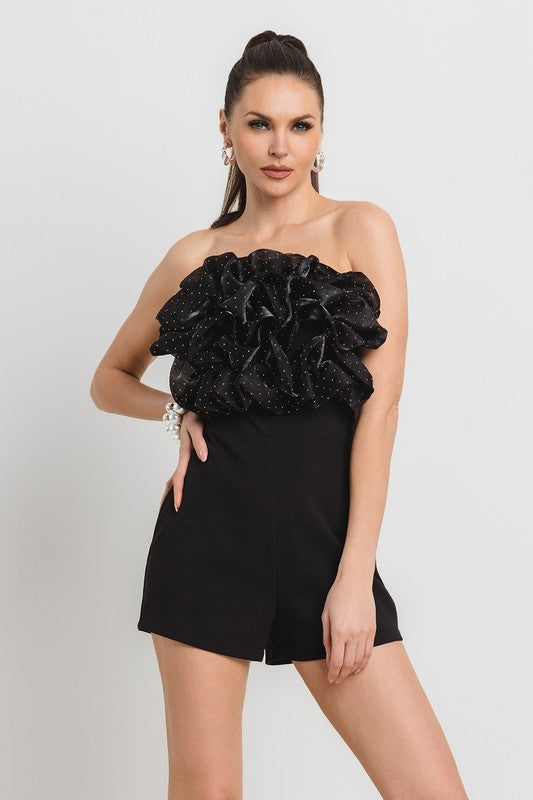 HOT FIX ATTACHED ORGANZA RUFFLE FRONT NIGHT OUT ROMPER