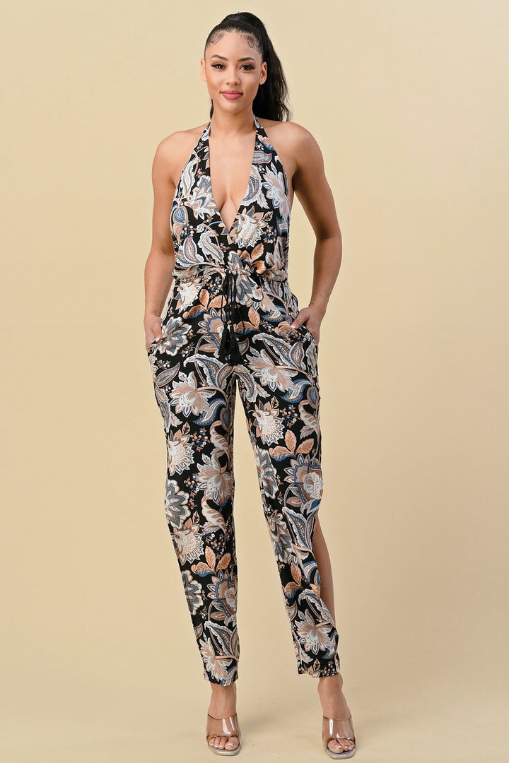 HALTER NECK TIE PRINT JUMPSUIT